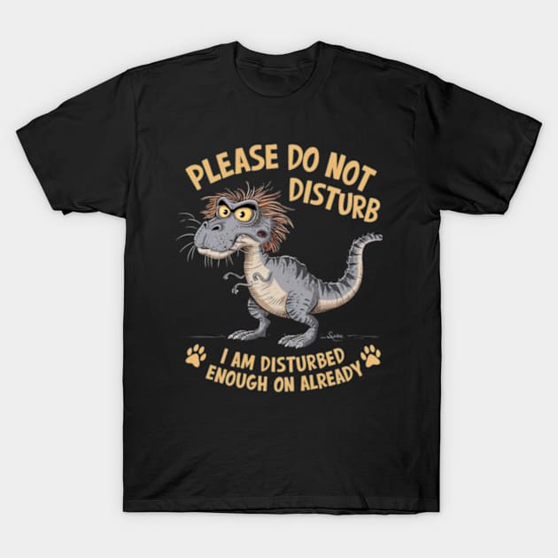 A whimsical cartoon drawing of a disheveled t-rex, with its fur sticking out in all directions and large yellow eyes showing irritation. T-Shirt by YolandaRoberts